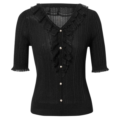 La Koradior拉珂蒂春季新款荷叶边饰优雅气质套头衫女v领短袖上衣