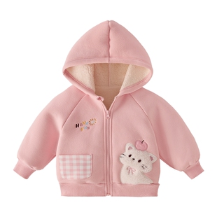 [抗菌远红外]女童外套秋冬宝宝加绒连帽小童粉色上衣儿童衣服女冬