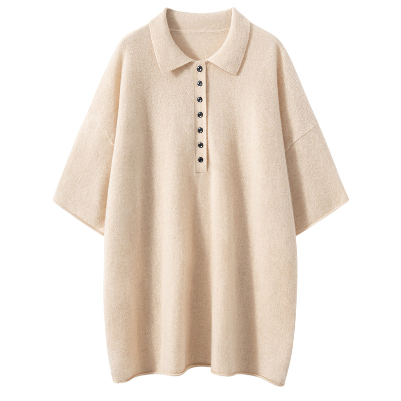 秋冬新品100%纯山羊绒短袖女Polo领宽松半开系扣中长款半袖针织衫
