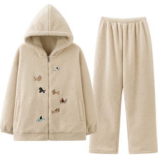 马克公主情侣连帽拉链睡衣女冬季可爱韩系羊羔绒加厚出门家居服男