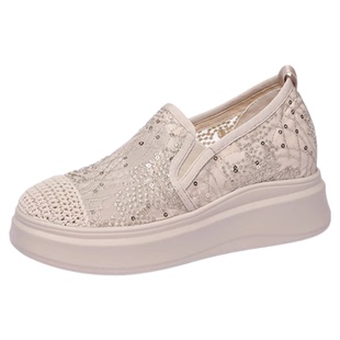 内增高渔夫鞋女款2026厚底薄款蕾丝网面透气镂空布鞋小码休闲单鞋