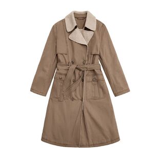 马登中长款双排扣收腰战壕风衣仿羊羔毛大衣棉服加厚外套女士冬季