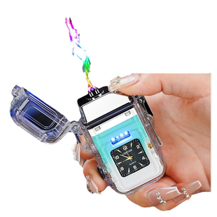 新款带石英表防水打火机透明壳双电弧充电点烟器带COB强光照明灯