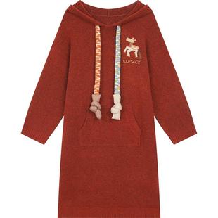 妖精的口袋小马刺绣连帽新年连衣裙女2025年冬季新款宽松红色裙子