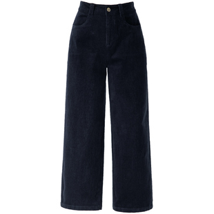 加绒灯芯绒女裤藏蓝色阔腿裤女秋冬季2025新款休闲直筒裤条绒裤子