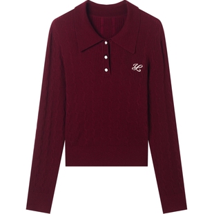 衣香丽影酒红色翻领针织衫女2025今秋冬装新款洋气学院风羊毛上衣