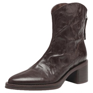 星期六秋冬新款法式复古羊皮方头短靴外穿百搭保暖时装短靴【直】