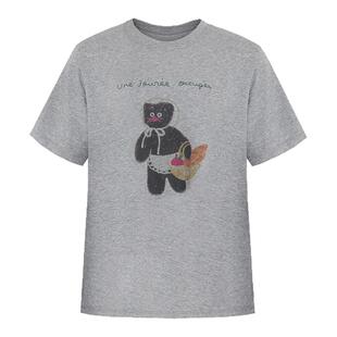 范洛Fano 俏皮感提篮头巾小猫印花雪花棉宽松休闲短袖女t恤上衣夏