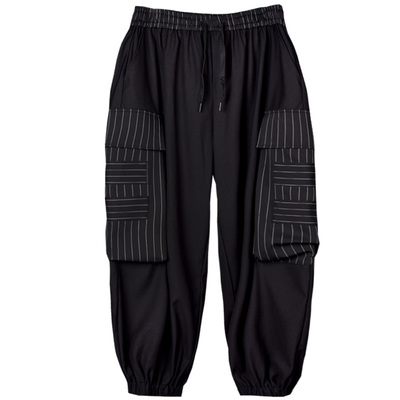 男拼接条纹机能多口袋束脚工装裤