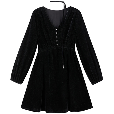 太平鸟女装冬季气质小黑裙细闪丝绒连衣裙A1FAE4609J9