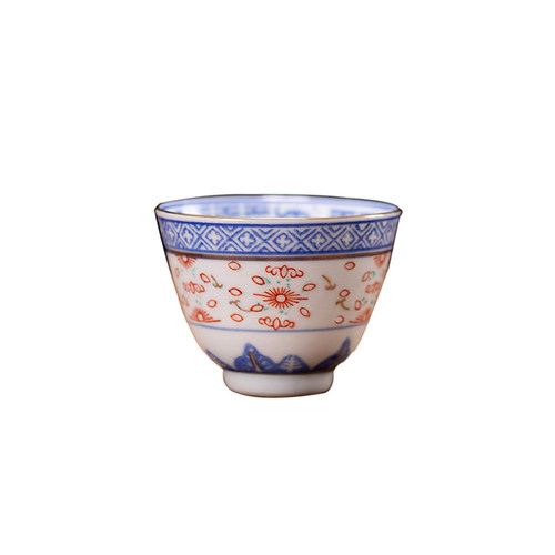 80年代马来西亚回流款景德镇陶瓷青花斗彩描金玲珑杯三缸盅品茗杯