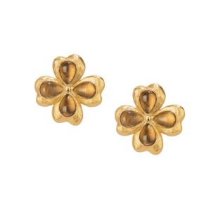 金色茶晶石四叶草耳环女轻奢小众设计高级感复古戒指银针耳饰套装