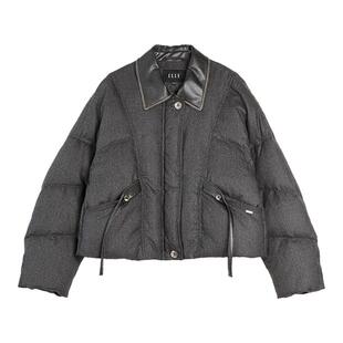 ELLE90白鸭绒人字纹短款羽绒服女2025冬新款皮革拼接保暖通勤外套