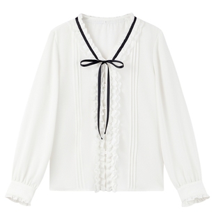 秋水伊人气质V领系带衬衫女法式小衫2026春季新款长袖木耳边衬衣