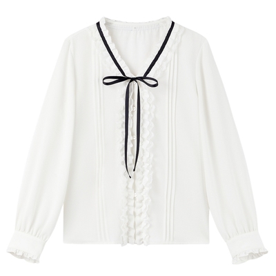 秋水伊人气质V领系带衬衫女小衫