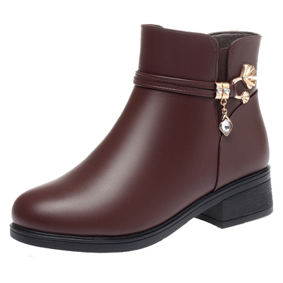 妈妈鞋软底短靴中年真皮女士棉鞋