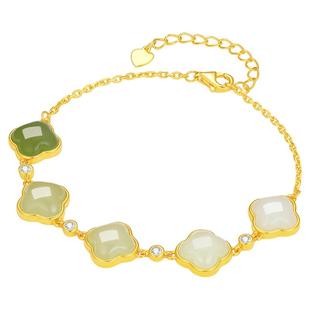 周大生四叶草和田玉手链银S925国风高级手饰闺蜜生日礼物送女友