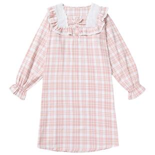 tutuanna春秋睡衣女 公主风格子花边全棉舒适家居服长袖睡裙女