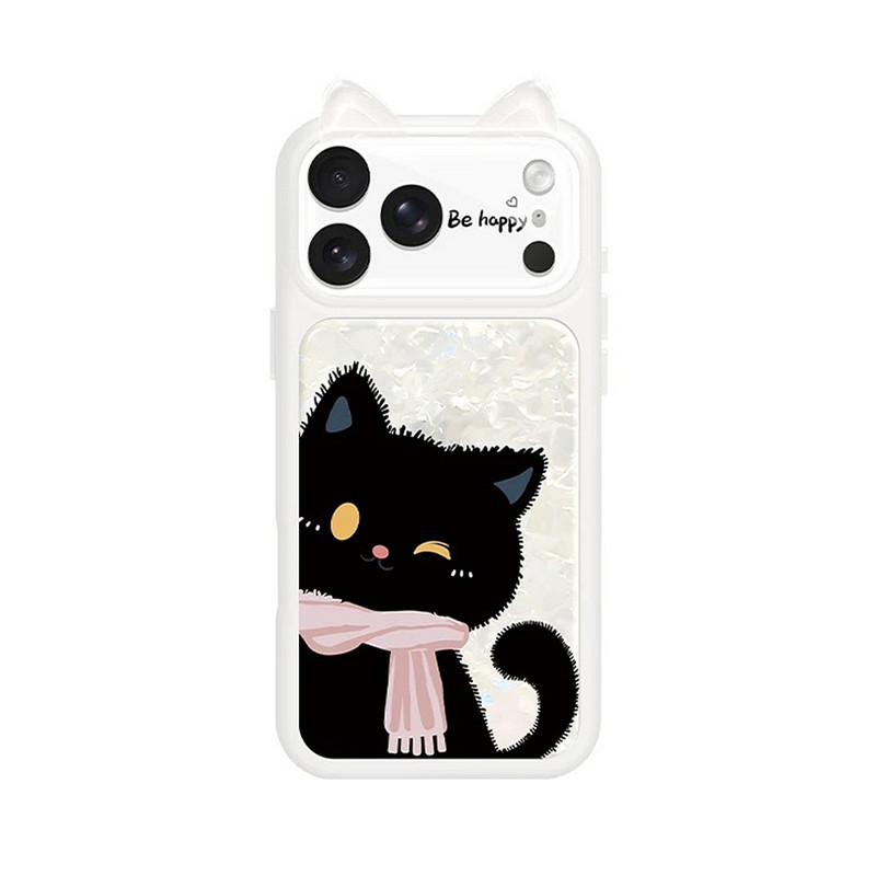贝壳纹可爱黑猫适用苹果17promax手机壳新款高级感iPhone16/15网红爆款手机壳14/13好看的防摔外壳保护套女生