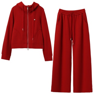 跑步女运动套装2025年休闲时尚洋气时髦冬加绒新年红色卫衣两件套