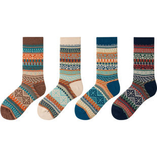 良朴民族风冬季袜子情侣款复古长袜提花男袜中筒袜四季女士棉袜