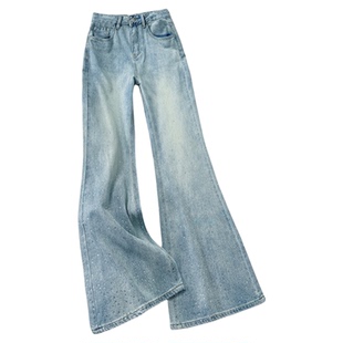 拉夏贝尔满天星烫钻微喇牛仔裤女春秋2026年新款显瘦不贴腿喇叭裤