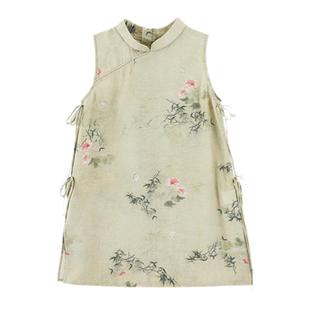 幼悠女童国风立领连衣裙2025夏季儿童俏丽可爱竹叶红芳印花旗袍潮