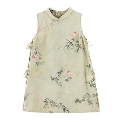 幼悠女童国风立领连衣裙2025夏季儿童俏丽可爱竹叶红芳印花旗袍潮