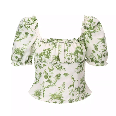 绿色花园一字领泡泡袖纯亚麻上衣