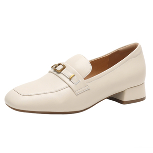 星期六真皮单鞋女2026新款春季粗跟乐福鞋金属扣通勤妈妈鞋小皮鞋