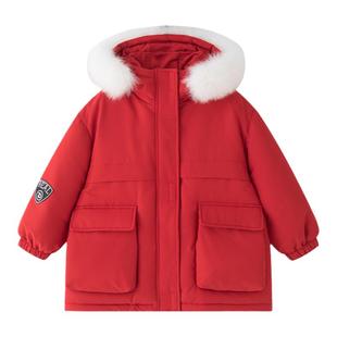 虾酱麻麻男童红色羽绒服冬季2025新款男孩派克拜年服加厚儿童外套