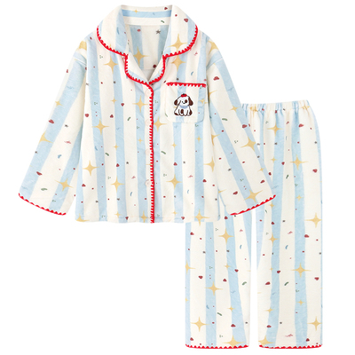 卡通条纹珊瑚绒睡衣女款秋冬季加绒加厚保暖法兰绒家居服套装冬天