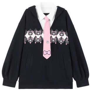 KEIKO 可爱猫耳朵连帽卫衣女2026春季新轻亚风假两件拼接领带上衣