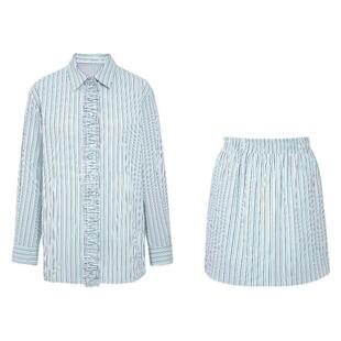 ChicChick时髦小鸡vol19蓝绿白双面条纹可拆卸花边衬衫+短裙套装