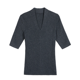 Maven Lin长期衣橱 极简气质V领针织衫女修身显瘦弹力中袖t恤上衣