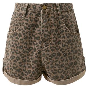 ibudu2025夏季新款宽松高腰豹纹牛仔裤纯棉阔腿裤翻边短裤女