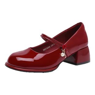 大东红色气质单鞋女2025新款秋季女鞋小皮鞋婚鞋绝美粗跟玛丽珍鞋