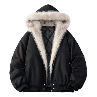 黑色毛领棉服美式复古飞行员夹克女款宽松秋冬季夹棉加厚毛毛外套