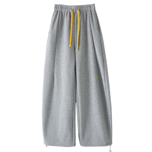 拉夏贝尔美式加绒弯刀卫裤女秋冬新款高腰束脚多巴胺直筒阔腿裤子