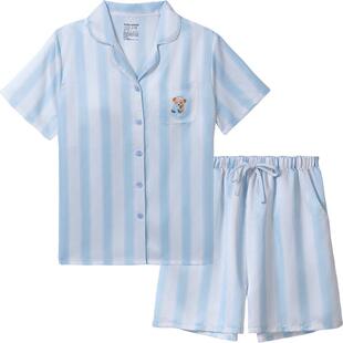 tutuanna睡衣女夏色丁条纹小熊印花胸垫款凉感短袖短裤家居服套装
