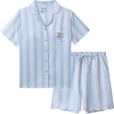 tutuanna睡衣女夏色丁条纹小熊印花胸垫款凉感短袖短裤家居服套装