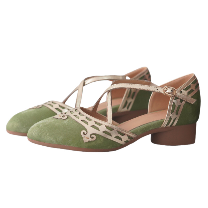 奈里复古民国国风绿金拼色交叉带包头平跟凉鞋旗袍中空40粗跟单鞋