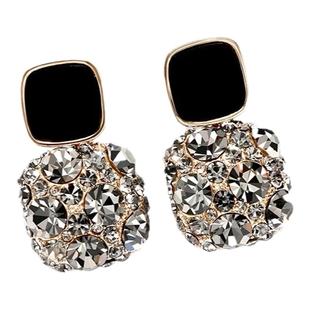 S925纯银法式黑色方糖耳钉水晶轻奢气质网红简约百搭耳环小众新款