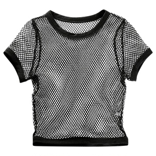 韩版新款透视性感女装内搭短款上衣网格镂空短袖露脐T恤蕾丝衫