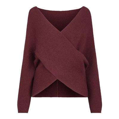 sdeer圣迪奥女装时尚V领交叉拼接宽松针织衫S233Z35A7