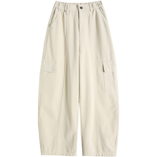 藏蓝色加绒牛仔工装裤女冬季加厚高腰窄版香蕉裤镰刀阔腿弯刀裤