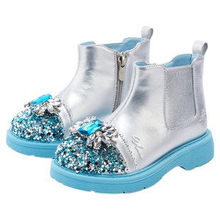 迪士尼爱莎公主女童靴子2025冬季加绒儿童鞋女孩马丁靴水晶短皮靴