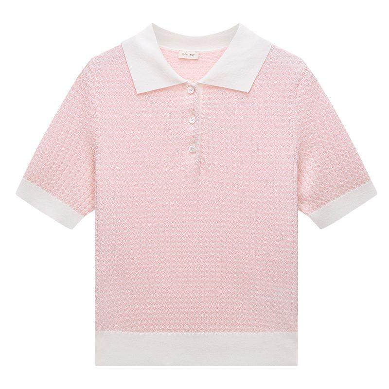 OCHIRLY欧时力 仿亚麻氧气衫短袖针织衫polo衫上衣撞色夏