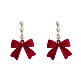 觅韩S925银针日韩红色植绒蝴蝶结耳钉ins风珍珠耳环秋冬耳饰6157