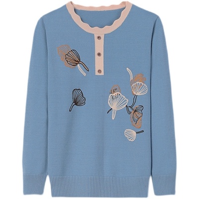 胖妈妈针织毛衣春秋薄款蓝色套头